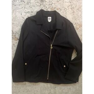 Anne Klein Black Zip Front Blazer Jacket Women's XL Gold Accents